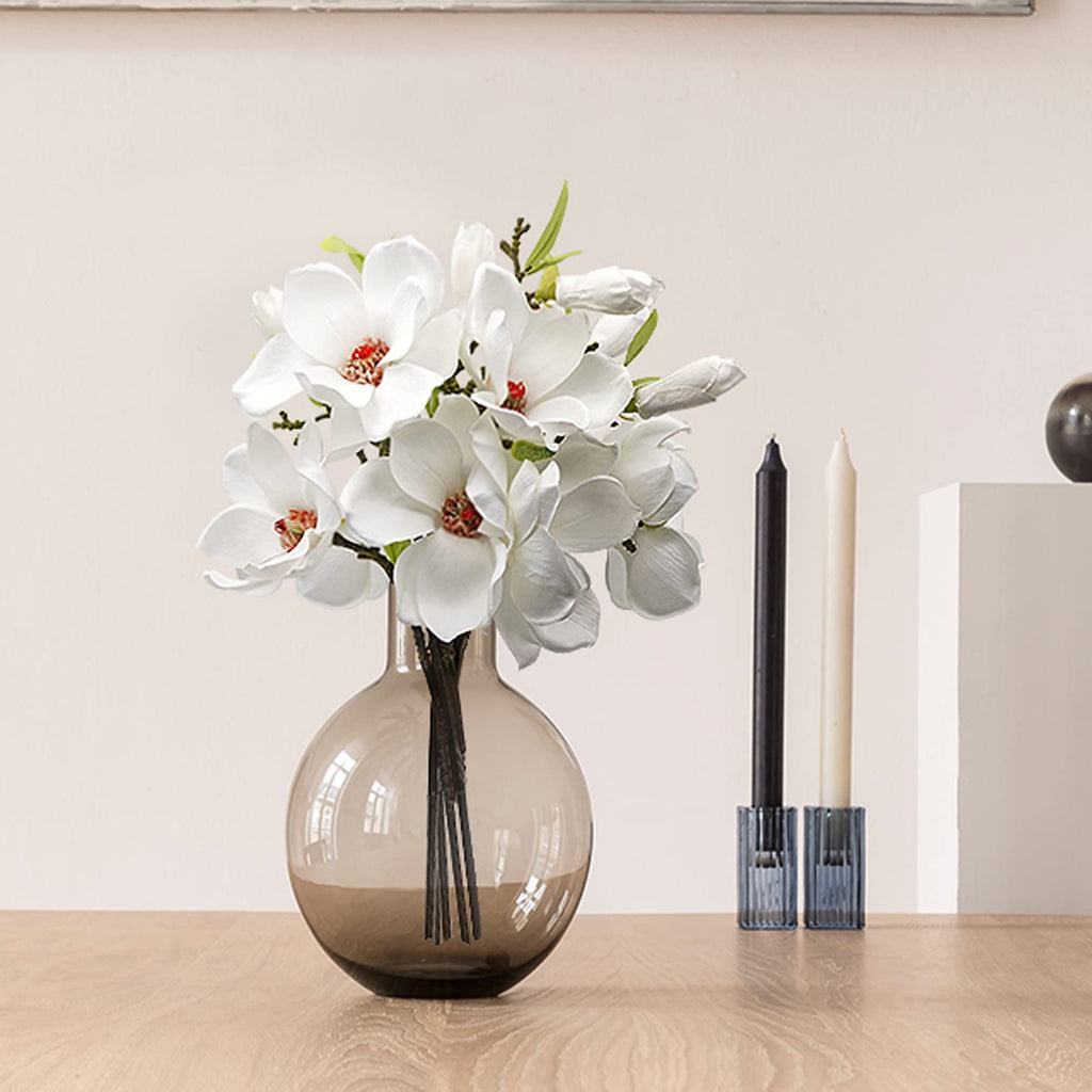 Liucogxi 6 Pcs White Silk Artificial Magnolia Flowers Decoration Bouquet With Long Stem For Home Table Centerpiece Office Vase