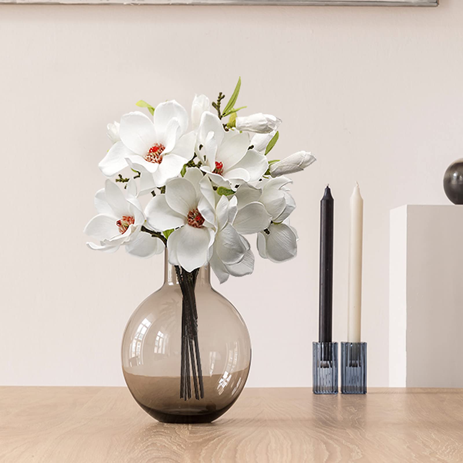 Liucogxi 6 Pcs White Silk Artificial Magnolia Flowers Decoration Bouquet With Long Stem For Home Table Centerpiece Office Vase
