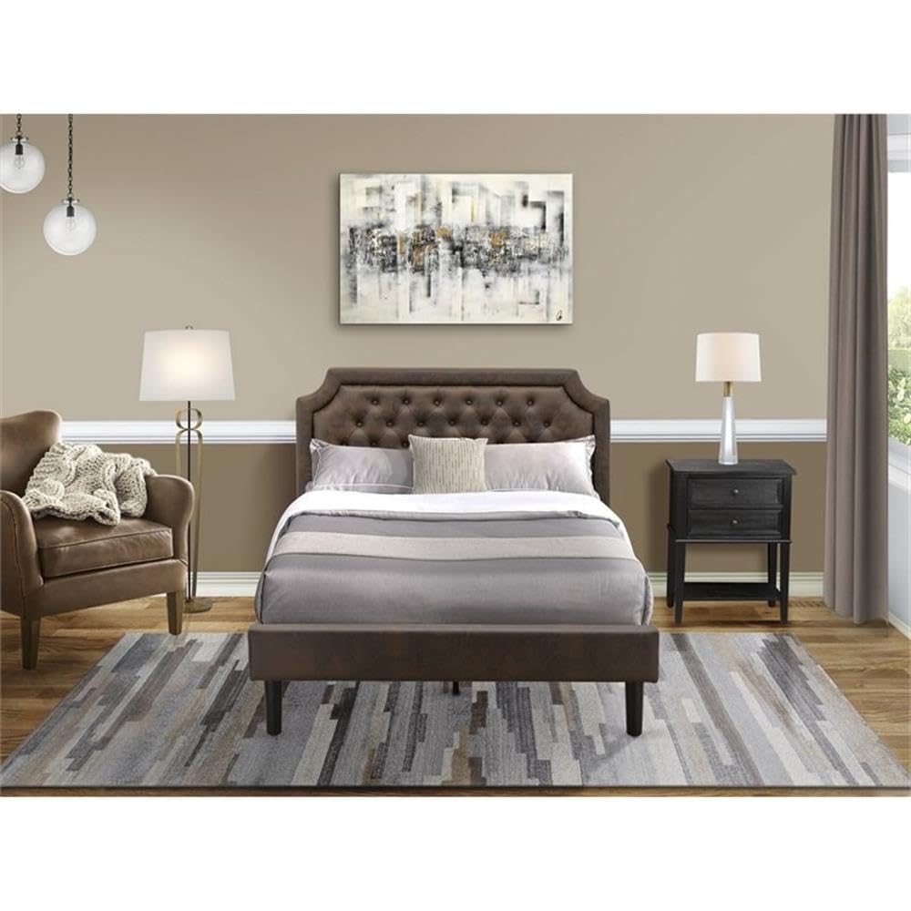 East West Furniture GB25F-1VL06 2-Pc Wooden Set for Bedroom with Full Bed and Wirebrushed Black Night Stand - Dark Brown Faux Leather and Black Legs