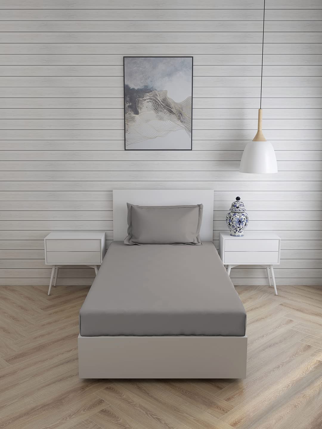 MONISTIC Home 100% Cotton Fast Colour Solid/Plain Grey Bedsheet for Single Bed with 1 Pillow Cover