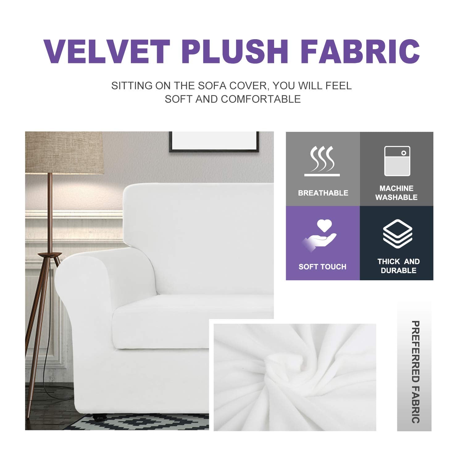 Znsayotx Luxury Velvet Chair Slipcovers With Arms 2 Piece Stretch Chair Covers For Living Room Thick Soft Armchair Slipcover Anti Slip Dog Pet Friendly Furniture Protector (White),32'-46'(1 Cushion)