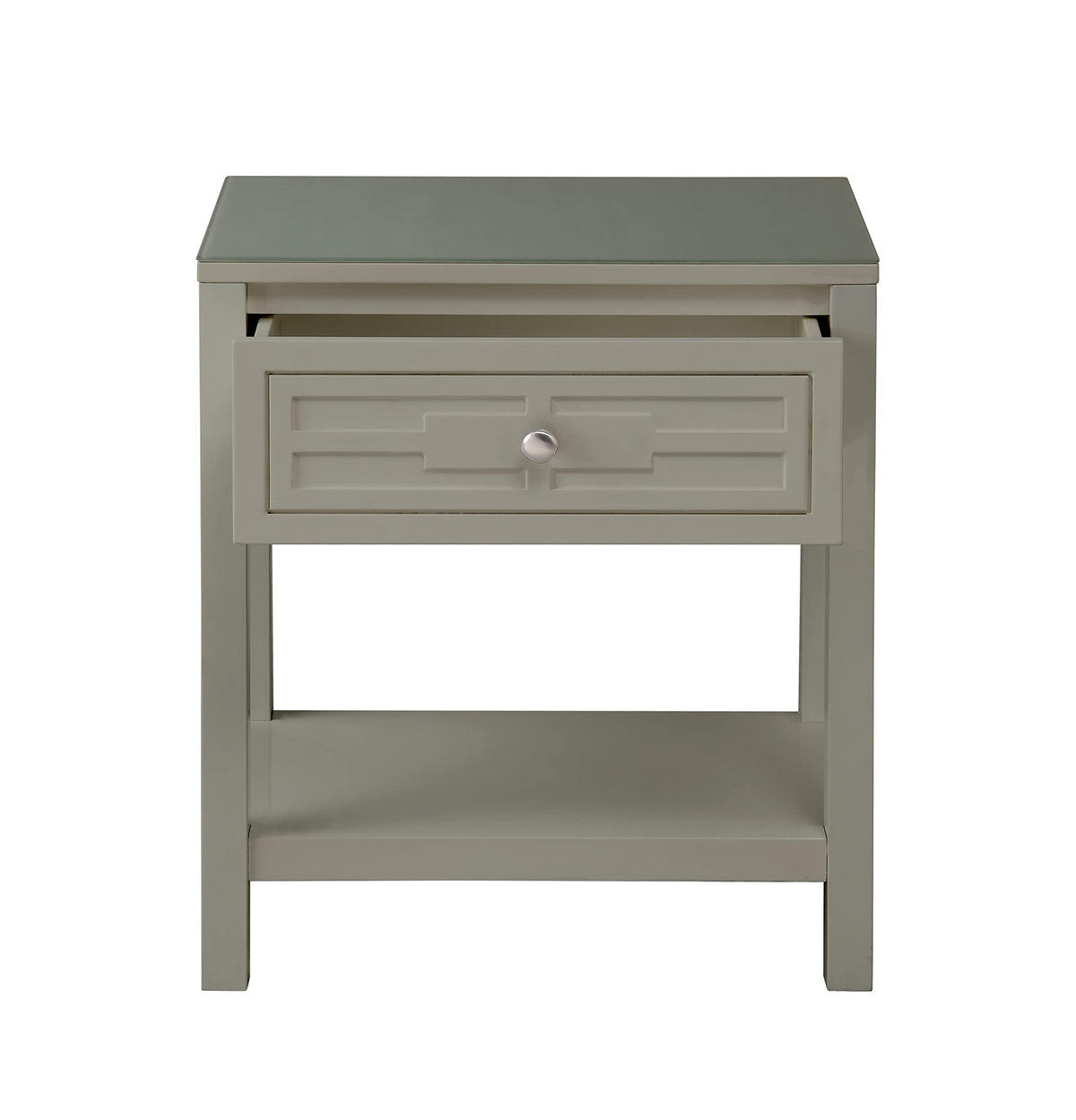 Lilola Home Dylan Taupe Wooden End Side Table Nightstand with Glass Top and Drawer