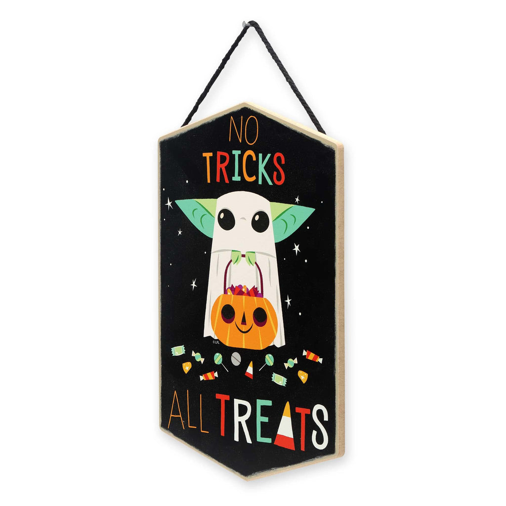 Open Road Brands Disney Star Wars Baby Yoda No Tricks All Treats Halloween Hanging Wood Wall Decor - Cute Baby Yoda Halloween Si