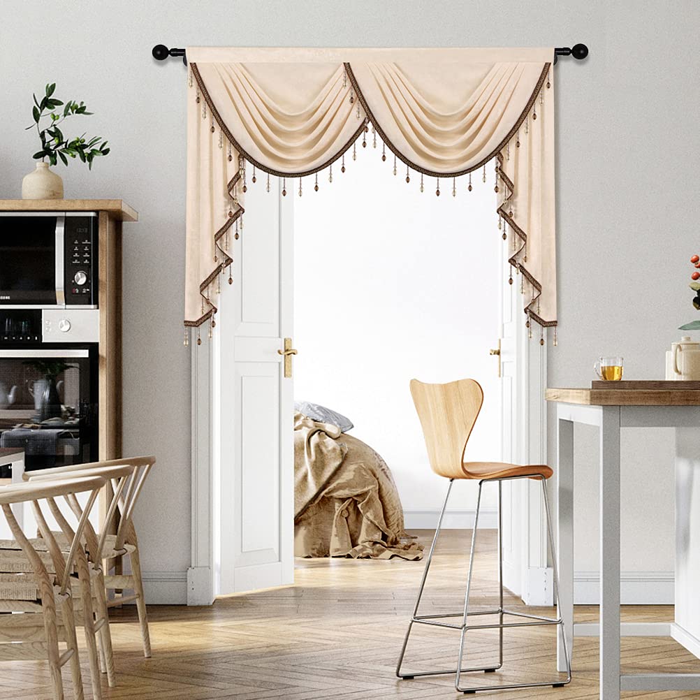 ELKCA Thick Chenille Window Curtains Valance for Living Room, Beige Valance with Beads for Bedroom,Rod Pocket (W59inch,1 Panel)
