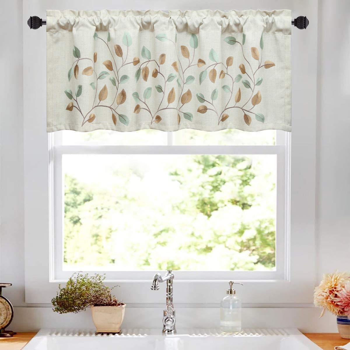 VOGOL Linen Valances for Bathroom, Natural Leaf Embroidered Kitchen Valances for Small Windows, 52x18, One Panel, Pocket Top, Gr
