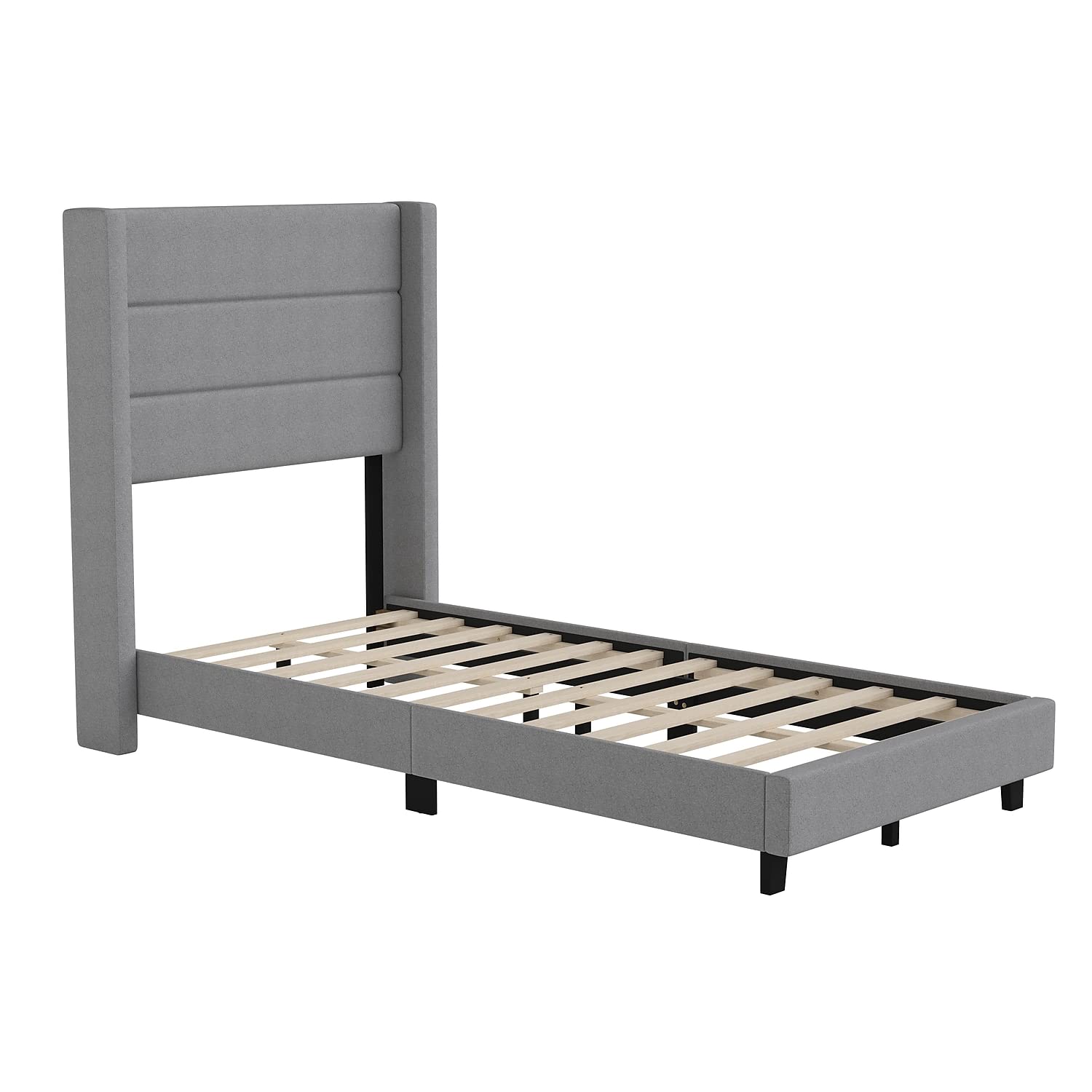 Flash Furniture Hollis Upholstered Platform Bed - Gray Faux Linen Wingback Headboard - Twin - Mattress Foundation with Slatted Supports - No Box Spring Needed