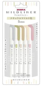 Zebra Line Marker, Thick & Fine Water Based Pigment, Mildliner, Natural Mild Colors, 5 Colors Wkt7-5C-Ntc