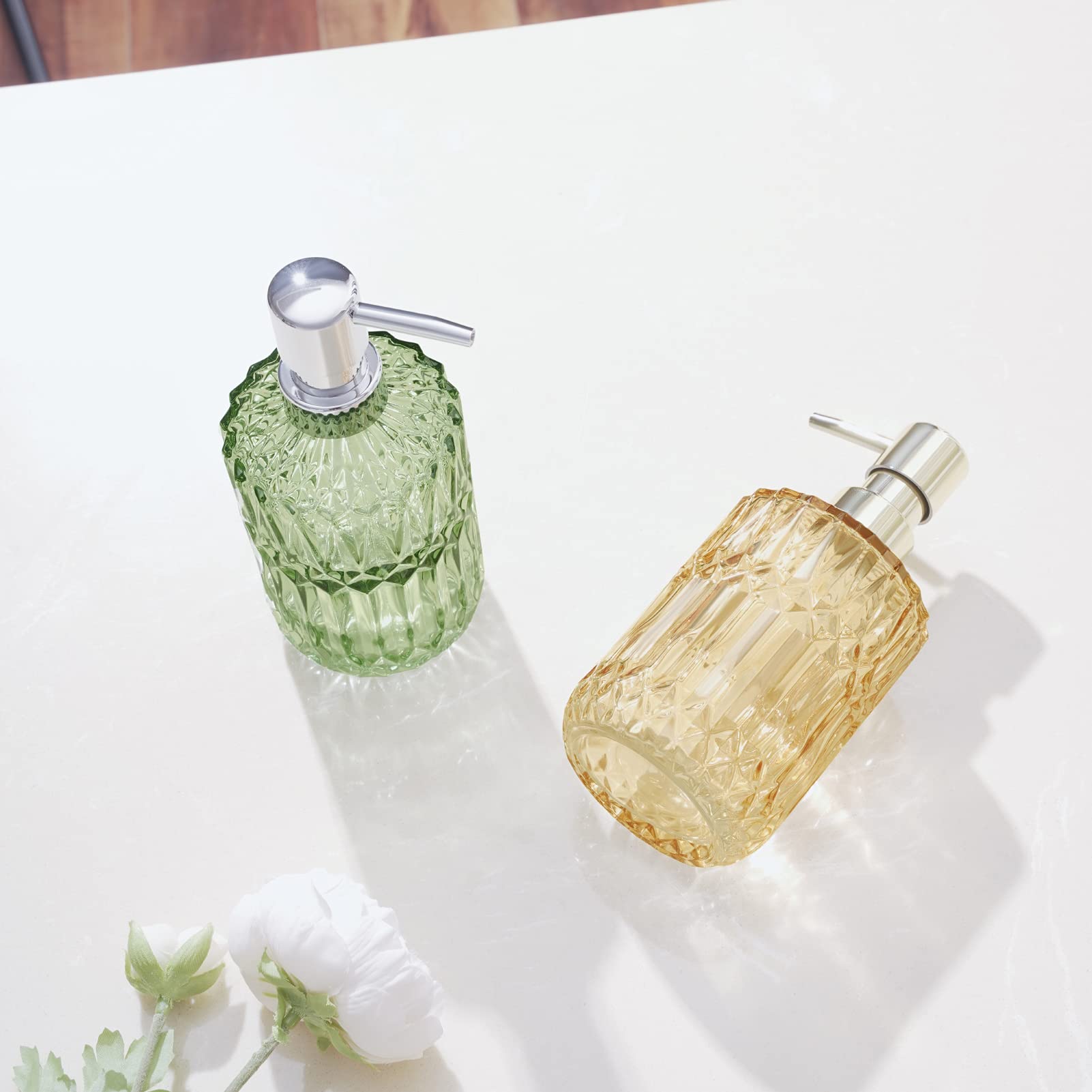 Tisuzxcv Diamond Design 12 Oz Green Glass Soap Dispenser,Refillable Lotion Soap Dispenser For Bathroom, Kitchen, Hand Soap, Dish