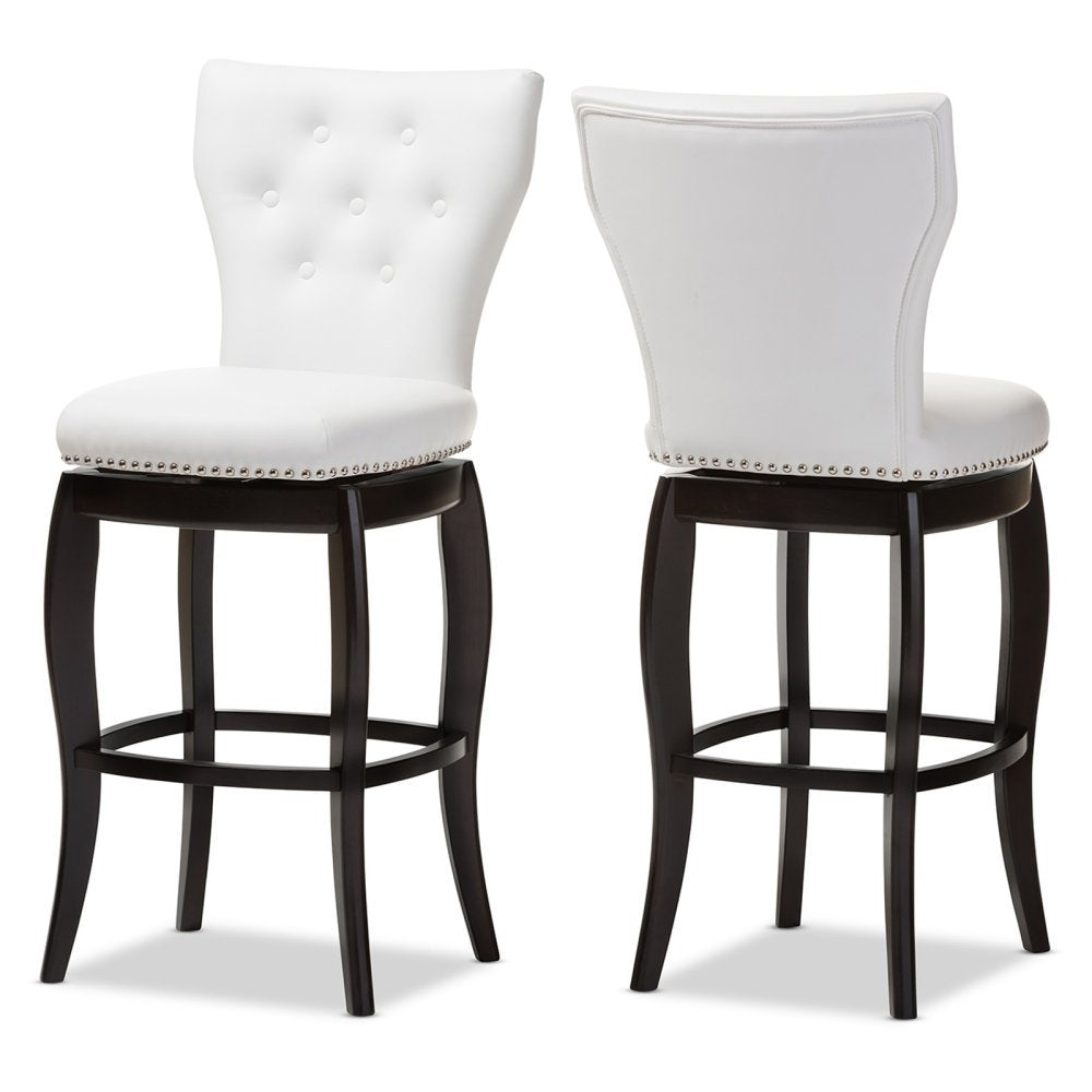 Baxton Studio Leonice Faux Leather Upholstered Button-Tufted Swivel Barstool, 29, White
