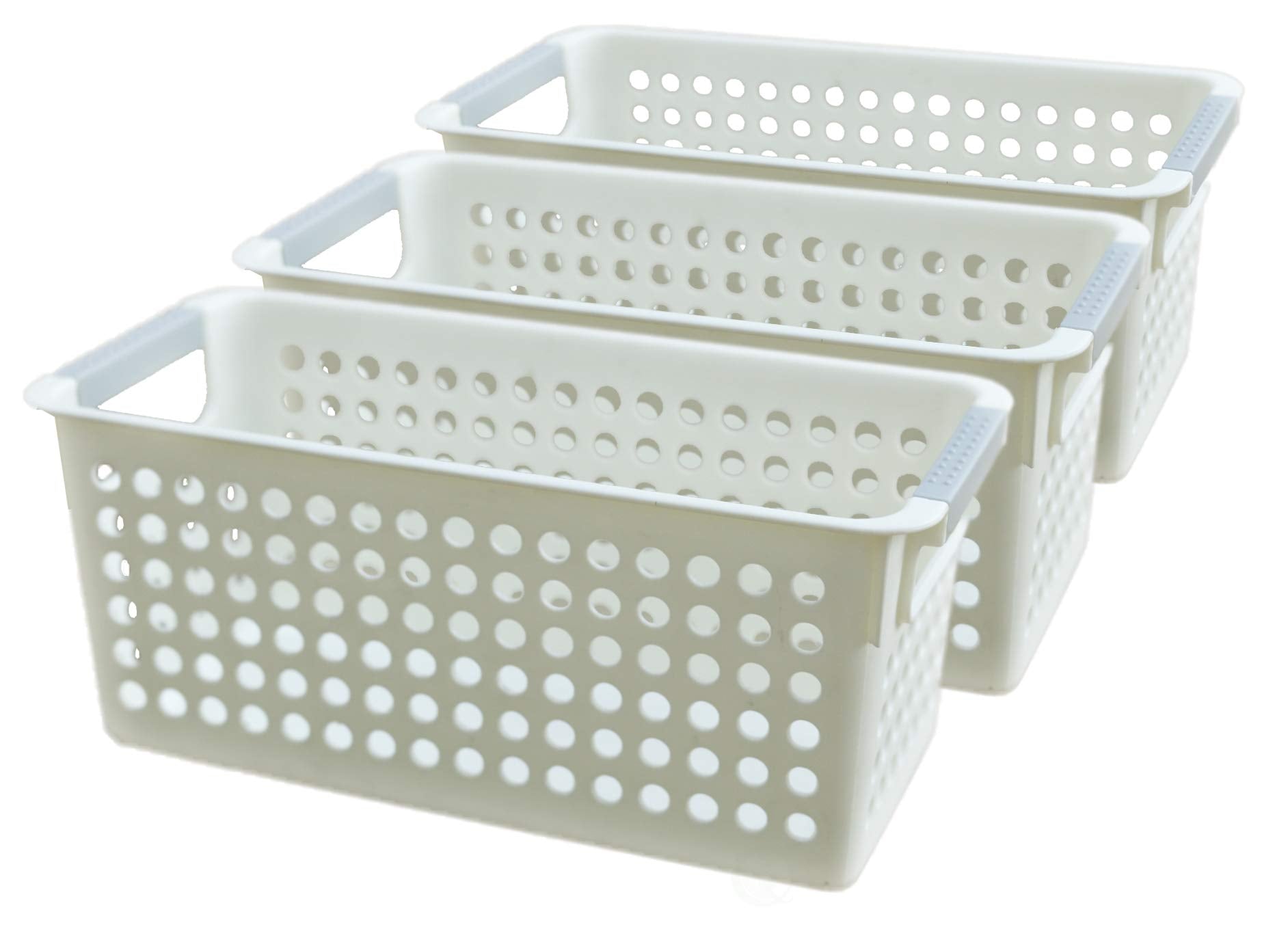 Basicwise White Rectangular Plastic Shelf Organizer Basket with Handles (Set of 3), (QI003238.3)