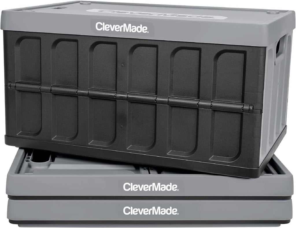 CleverMade Collapsible Storage Bin (With Lid), Stone, 3PK - 62L (16 Gal) Folding Plastic Stackable Utility Crates, Holds 100lbs 