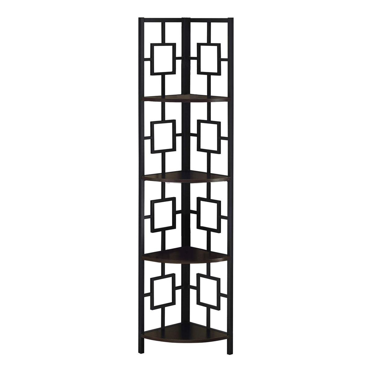 Monarch Specialties I 3612 Bookshelf, Bookcase, Etagere, Corner, 4 Tier, 62 Inch  H, Office, Bedroom, Metal, Laminate, Brown, Black,