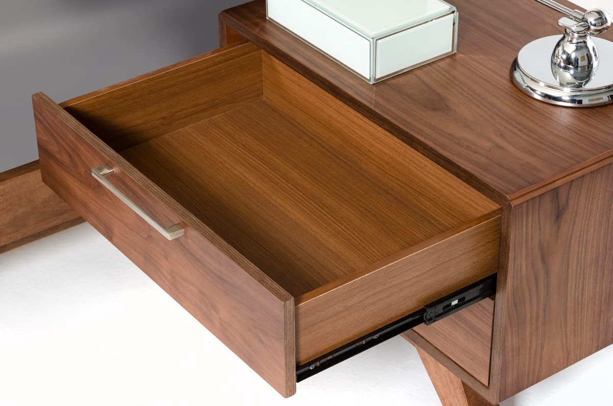 HomeRoots Veneer, Stainless Steel, Solid Wood Modern Walnut Brown Nightstand with Two Drawers