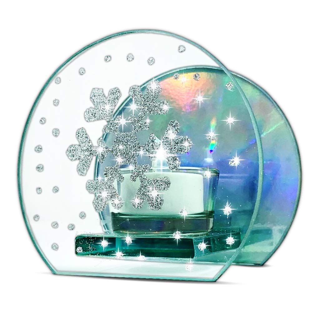 Snowflake Tealight Holder with Rainbow Colored Back Panel - Silver Glittered Snow is Falling Around The Snow Flake on The Glass 