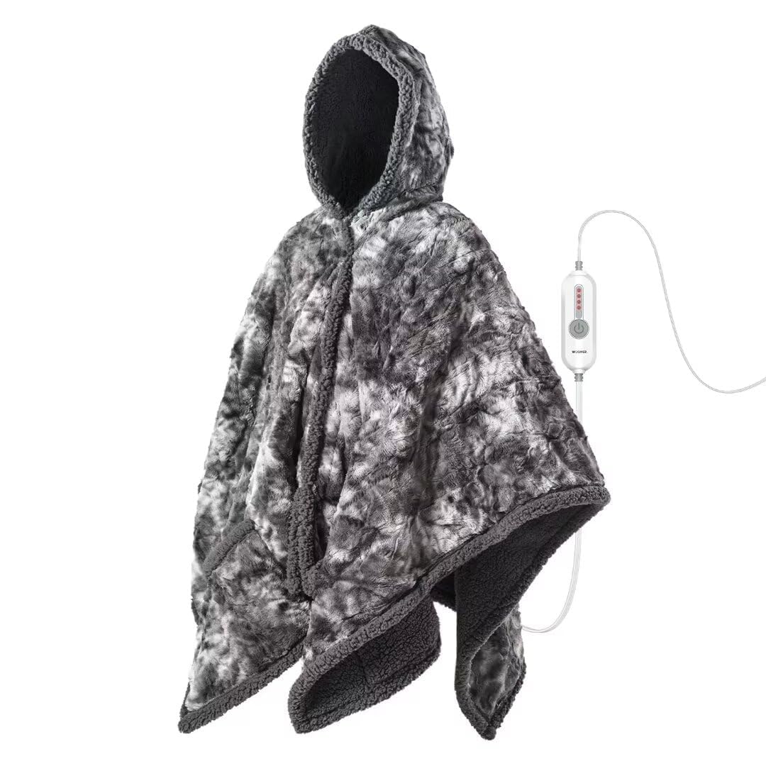 Woomer Wearable Heated Electric Blanket 50     60, Soft Faux Fur & Cozy Sherpa Heated Wrap Poncho With Hood And Pocket, 4 Heat L