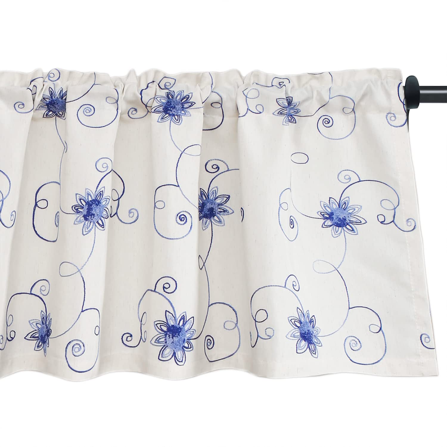 Vogol Valances For Windows, Blue Floral Embroidered Window Valances For Kitchen Farmhouse Small Cafe Top Pocket 18 Inch Length,