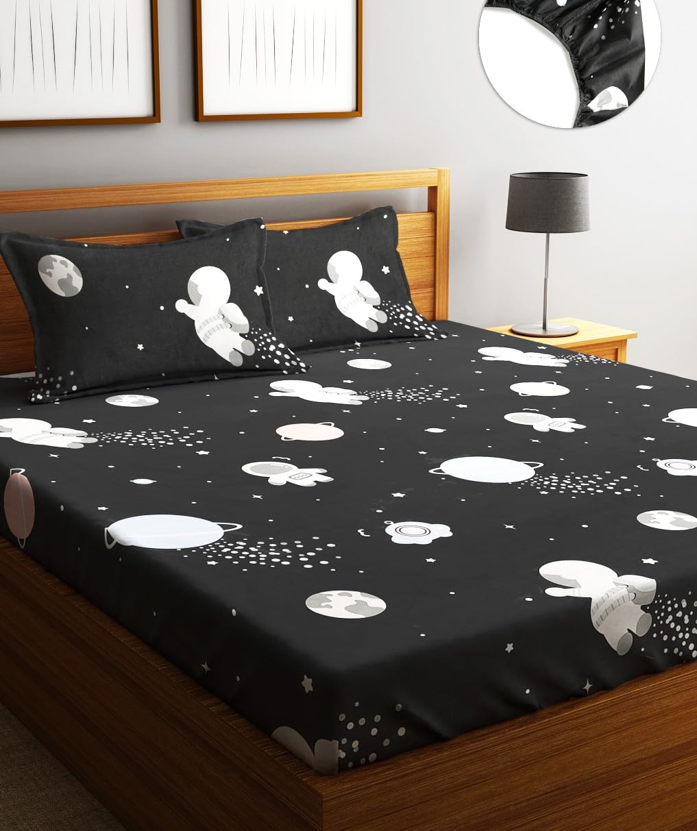 Home Sizzler 210Tc Microfibre Space Explorer Elastic Fitted Double Bedsheet (72X78 Inch) With 2 King Size Pillow Covers
