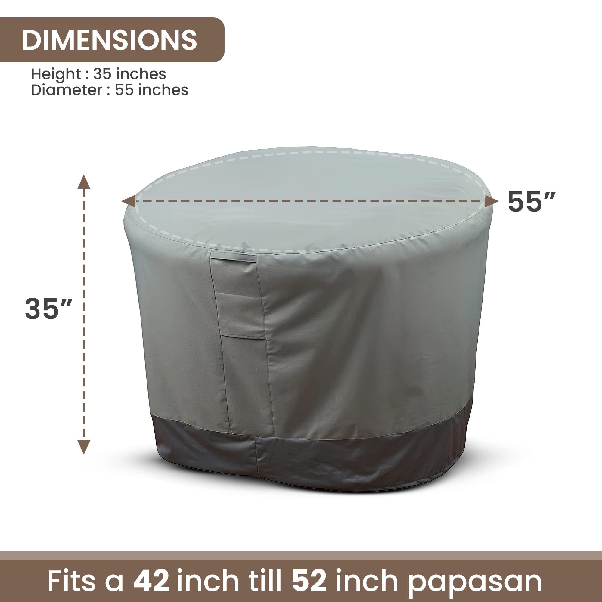 Hudson Comfort Papasan Chair Cover - Waterproof Outdoor Cover - Click-Close Straps And Elastic Hem Cord For Custom Fit - Durable Padded Handle & Air Vent For Circulation - 52' Dia X 35' Height (Gray)