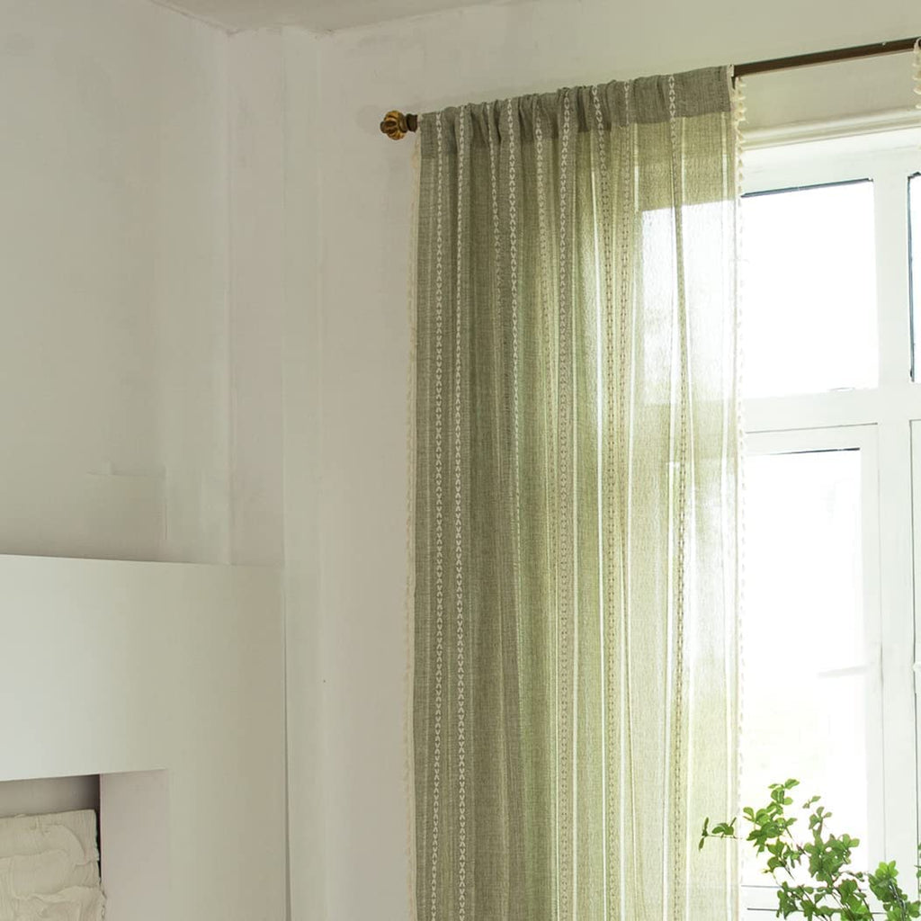 Sutuo Home Boho Curtains For Living Room Farmhouse, Semi-Blackout French Country Striped Linen Vintage Shabby Chic Tassels Hollow Window Treatment Bohemian Drape, 1 Panel 52' W X 90' L Green