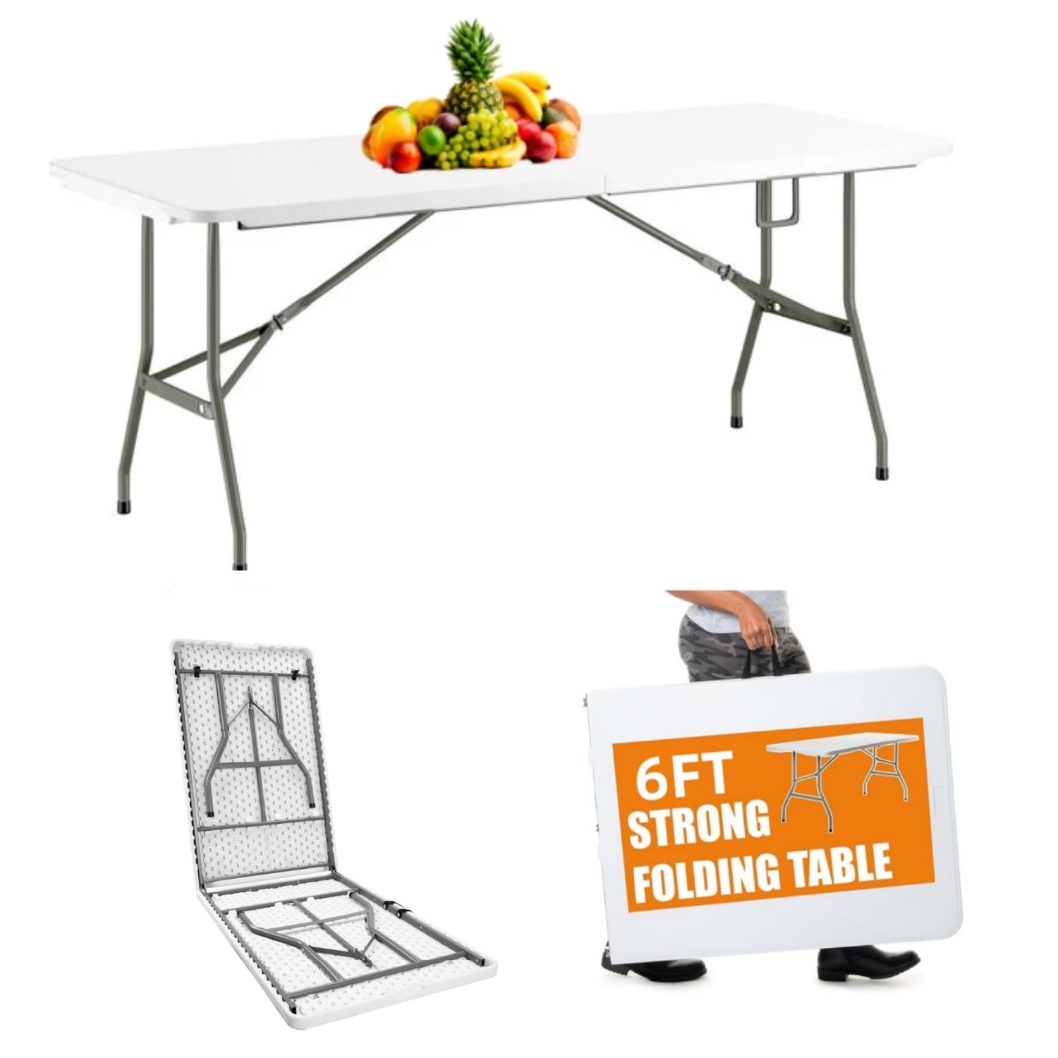 Vtoy 6Ft(30''X72'' Folding Table, Indoor Outdoor Heavy Duty Table With Carrying Handle,Portable Placstic Fold Up Table For Picni