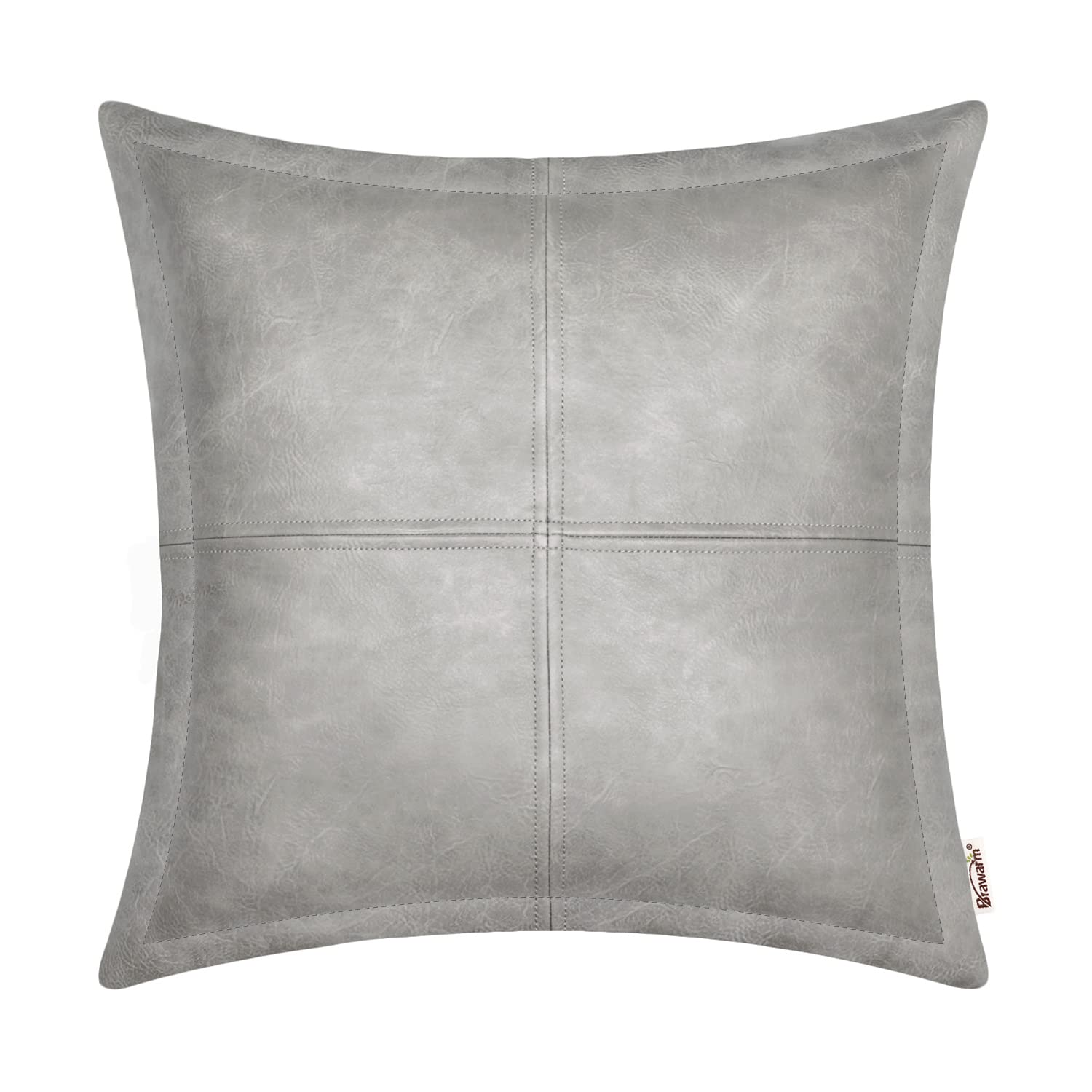 Brawarm Gray Leather Throw Pillow 22 X 22 Inches, Faux Leather Pillow Cover With Piping, Hand Stitched Leather Decorative Throw