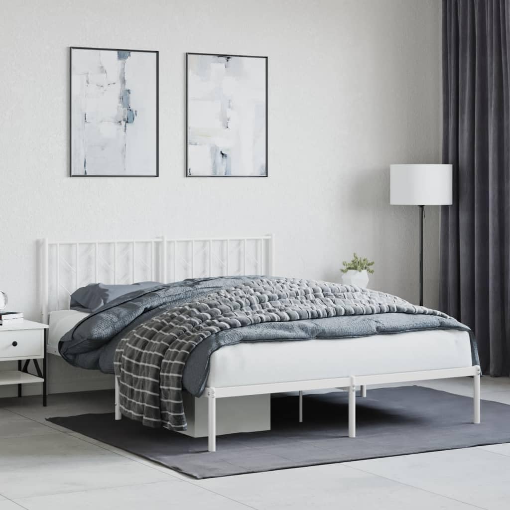 vidaXL White Steel Bed Frame - Robust Metal Slat Design with Headboard and Extra Storage Space - 59.1"x78.7" Mattress Compatible