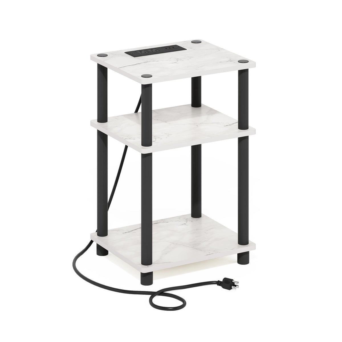 Furinno Just 3-Tier Turn-N-Tube Usb And Type-C Charging Port End Table With Open Storage, 11.42 (W) X 8.82 (H) X 6.77 (D) Inches, Marble White/Black