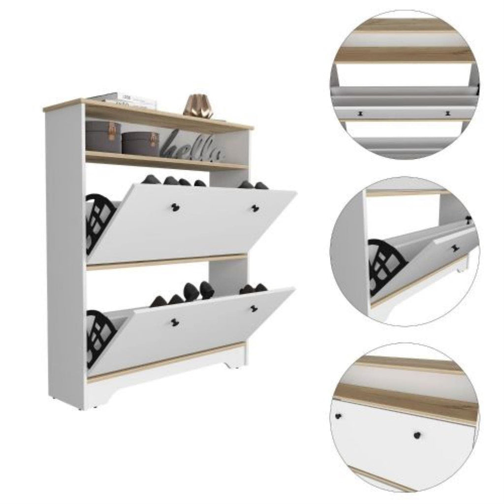 Wayne Shoe Rack With Open Shelf And 2 Hinged Doors, Light Oak/White