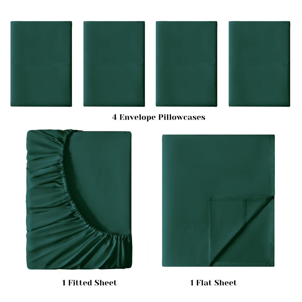 Bysure 6 Pieces Bed Sheets Set(Queen, Dark Forest Green) - Hotel Luxury Super Soft 1800 Thread Count 100% Microfiber Sheets With