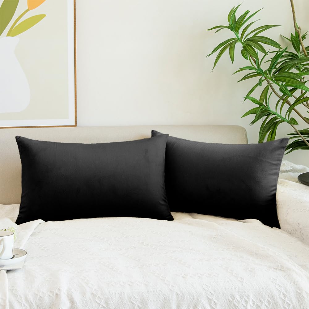 Quorgves Black Pillow Covers 12X20 Inch Pack Of 2 Black Throw Pillows For Couch Living Room Bed Bedroom Soft Velvet Lumbar Throw