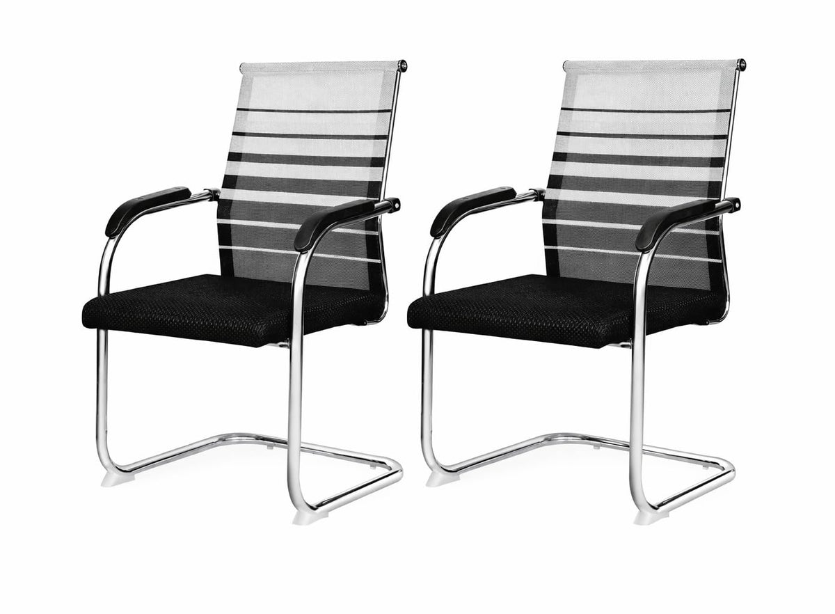 Mlu Office Chair Set Of 2, Mesh Back With Striped Design, Cantilever Base, Chrome Frame, Black Seat Cushion