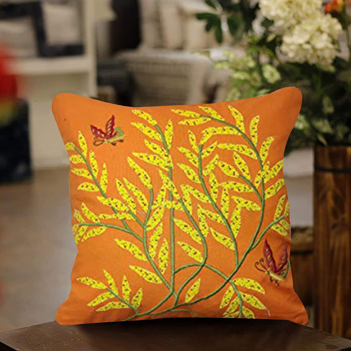 Sajavat Home Cc60 Cotton Floral Embroidery & Applique Work Cushion Cover (Pack Of 1) 18X18 Inches / 45X45 Cm Orange (Orange, Cot
