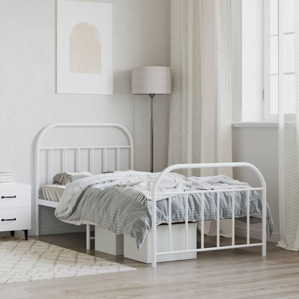 vidaXL Metal Bed Frame with Headboard and Footboard, Powder-Coated Steel Construction, Breathable Design, Extra Under-Bed Storage Space, White, Fits 39.4"x74.8" Mattress