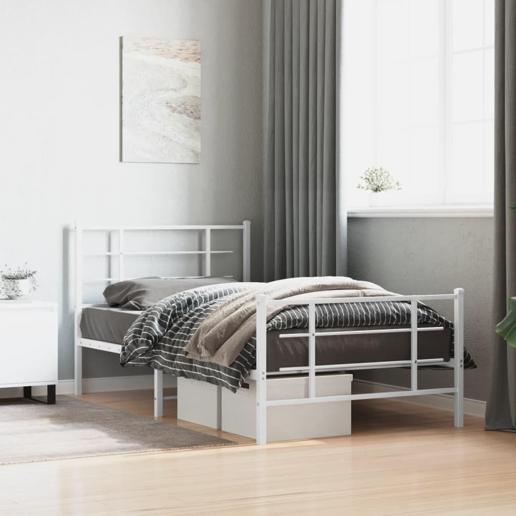 vidaXL Metal Bed Frame - Steel Single Bed with Headboard/Footboard, Slatted Base, White, Under-Bed Storage Space, Bedroom Furniture, 81.5x41.3x35.4