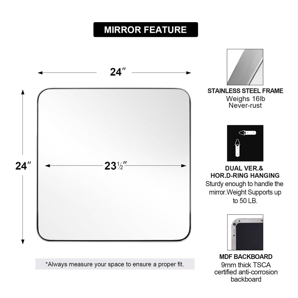 Andy Star Chrome Bathroom Mirror, 24   X40    Polished Nickel Rounded Corner Rectangle Mirror, Modern Metal Frame Bathroom Vanit
