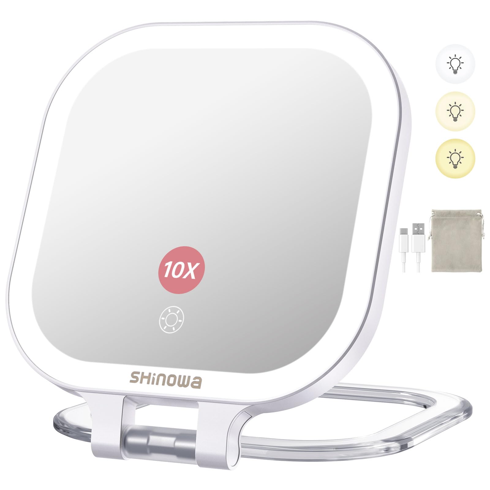 Shinowa Rechargeable Travel Makeup Mirror with 72 LED Lights, 1X/10X Magnifying Vanity Mirror with 3 Color Light, Folding Stand,