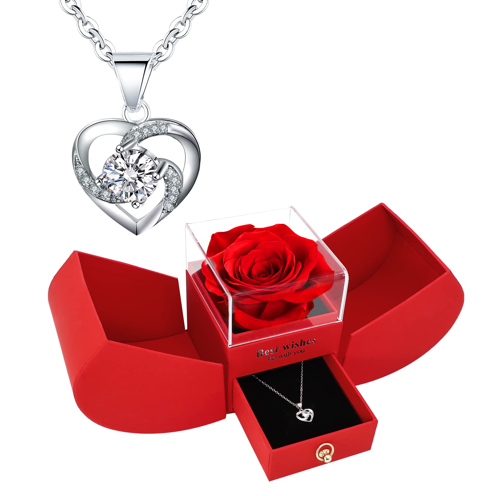 YJYJHOPE Valentines Day Gifts for Her, Preserved Red Rose with I Love You 925 Sterling Silver Necklace, Gifts for Girlfriend, Wo