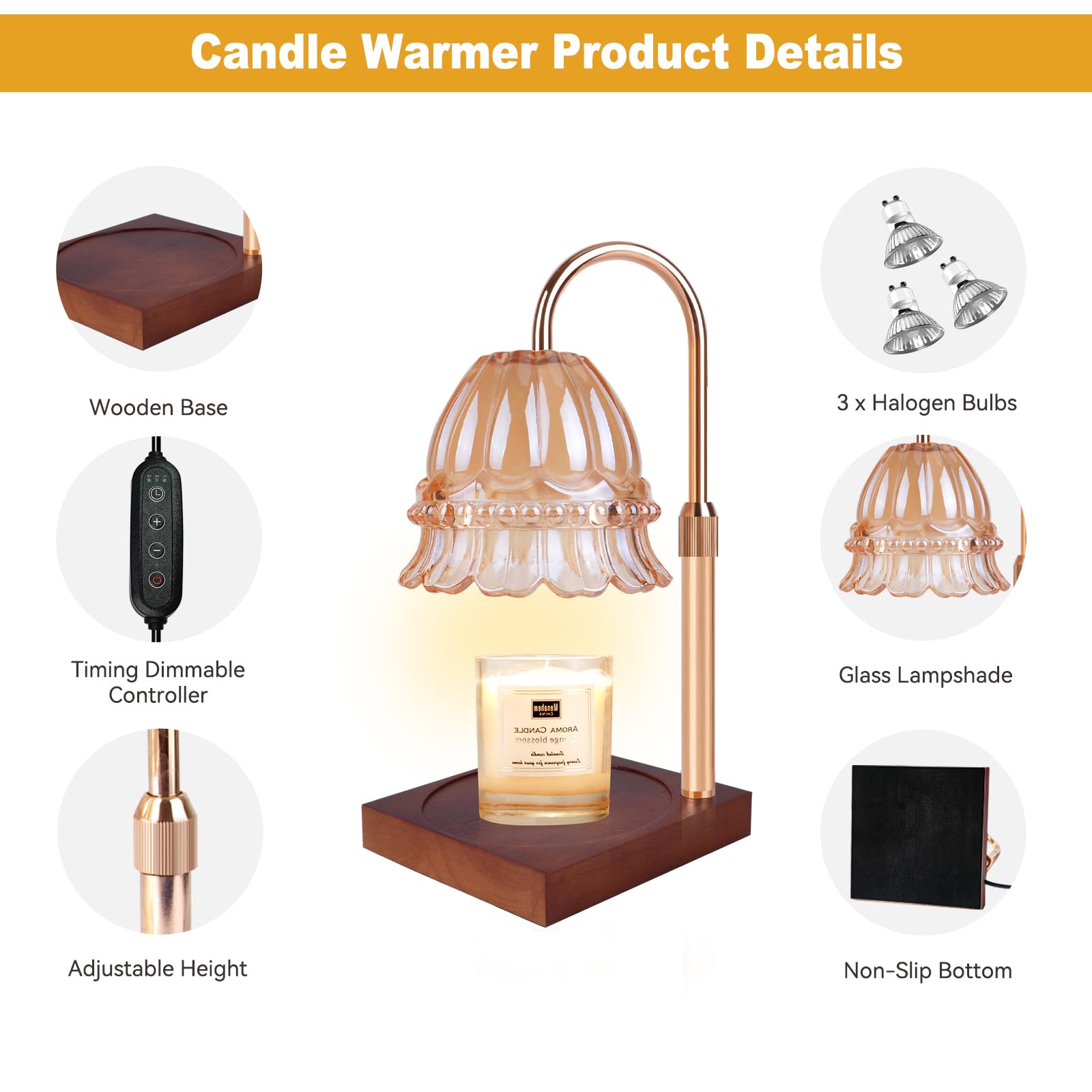 Honvinor Candle Warmer Lamp, Candle Warmer Lamp Adjustable Height, Candle Warmer Light With Timer & Dimmer, Compatible With Jar