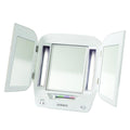 JERDON Modern Tri-Fold Makeup Mirror with Lights - Vanity Mirror with 5X Magnification & Multiple Light Settings - White Base - 