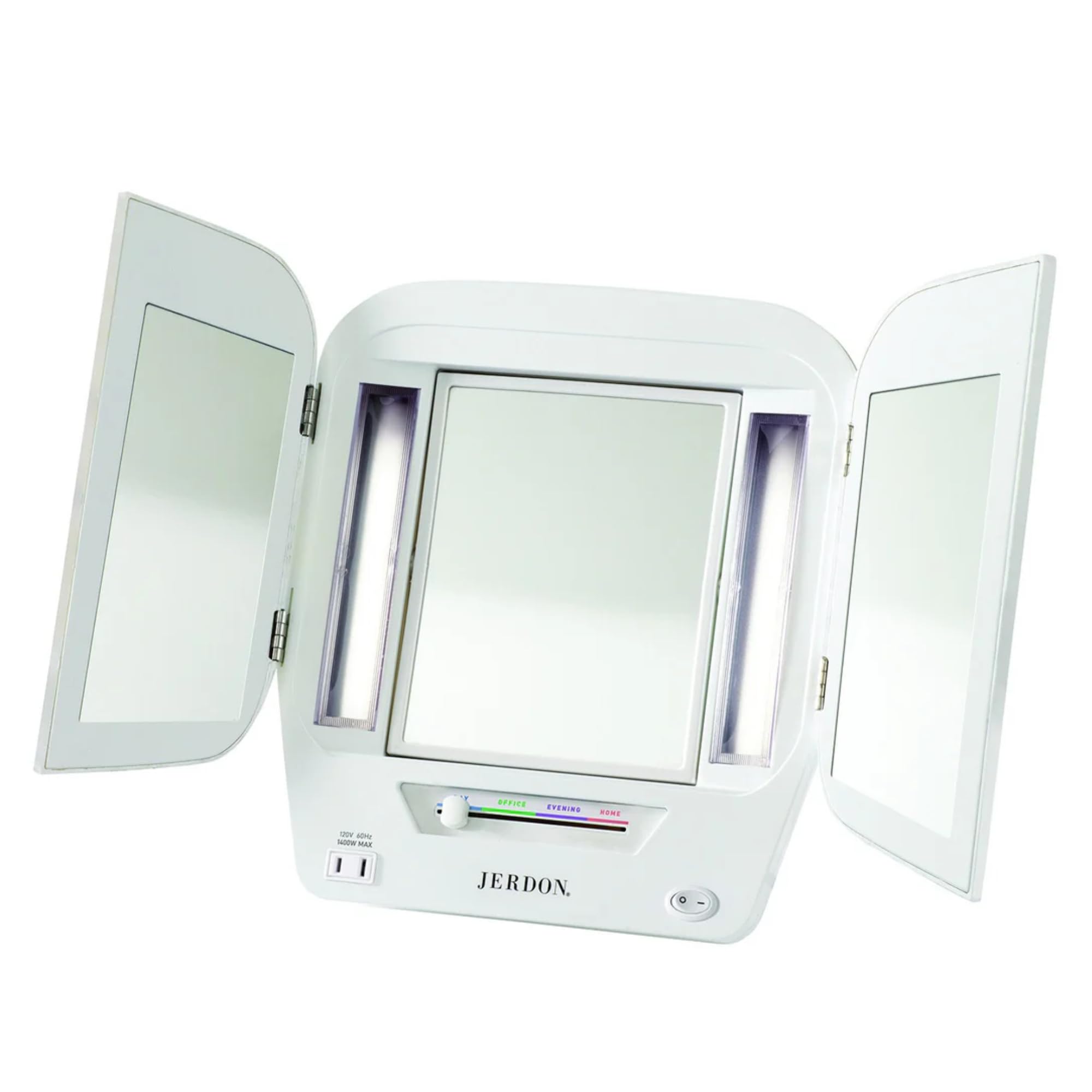 JERDON Modern Tri-Fold Makeup Mirror with Lights - Vanity Mirror with 5X Magnification & Multiple Light Settings - White Base - 