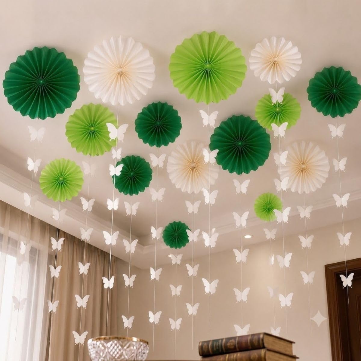 Fi  Flick In 10 Pcs White And Green Hanging Flower Paper Decorative Fan For Party Decorations With Butterfly Hanging Garlands F