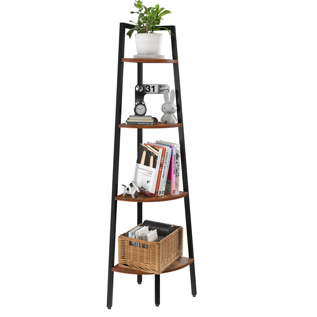 Yoobure 4-Tier Corner Bookshelf With Metal Frame - Ladder Display Shelf For Bedroom And Living Room, Tall Wood Corner Bookcase And Plant Stand