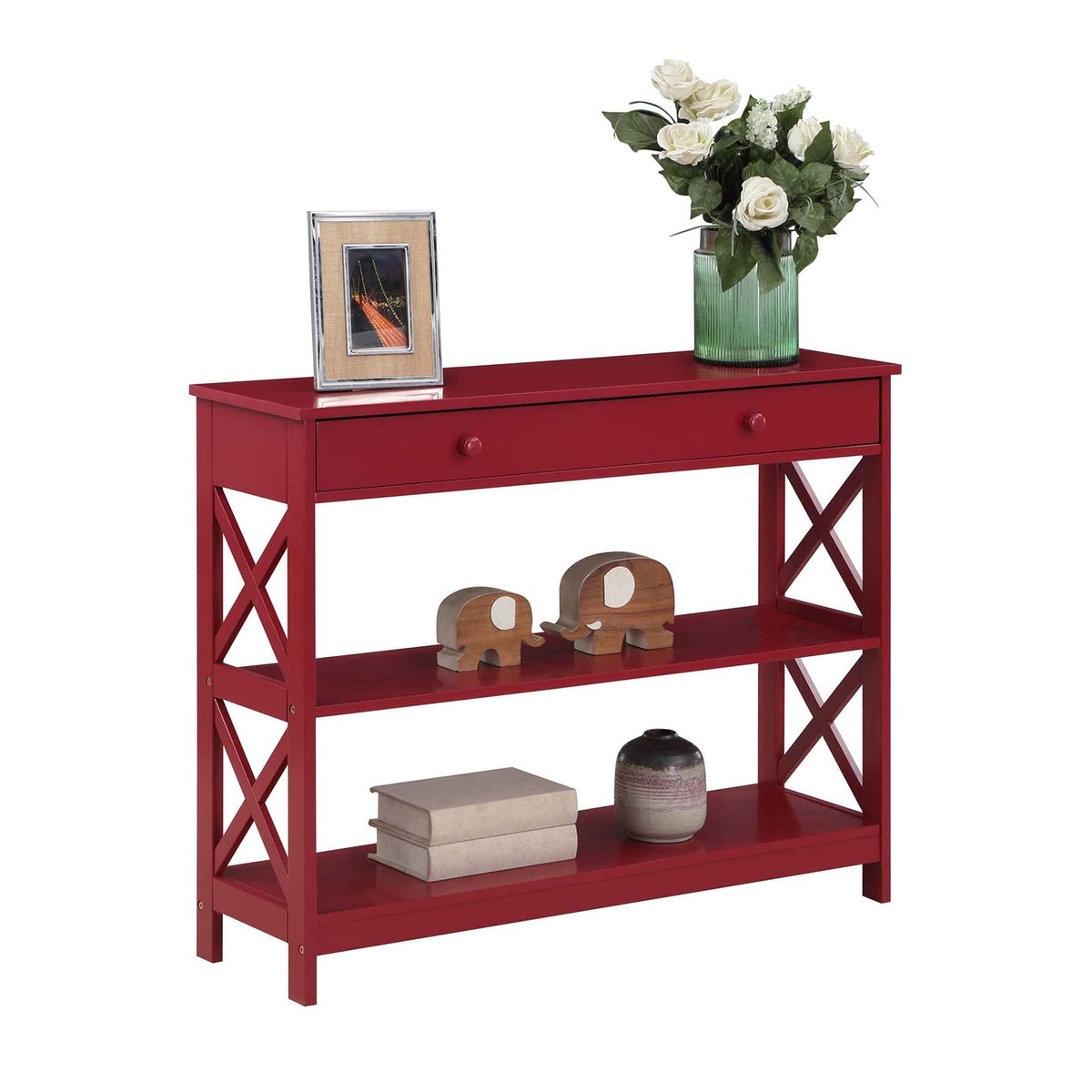 Convenience Concepts Oxford 1 Drawer Console Table with Shelves, Cranberry Red