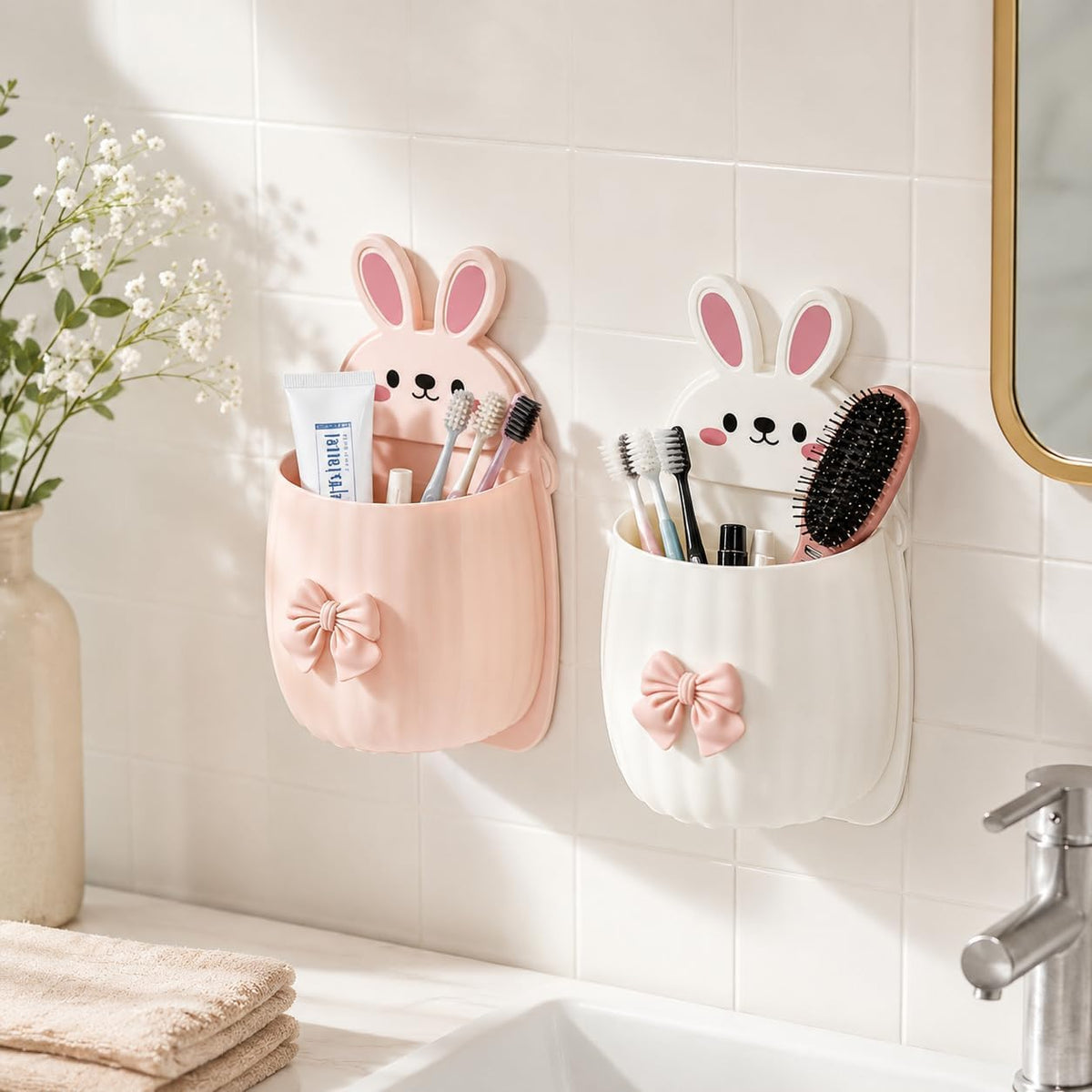 Cute Rabbit Wall Mounted Toothbrush Holder | Self Adhesive Bathroom Organizer for Toothbrush, Toothpaste, Comb, Razor & Makeup B