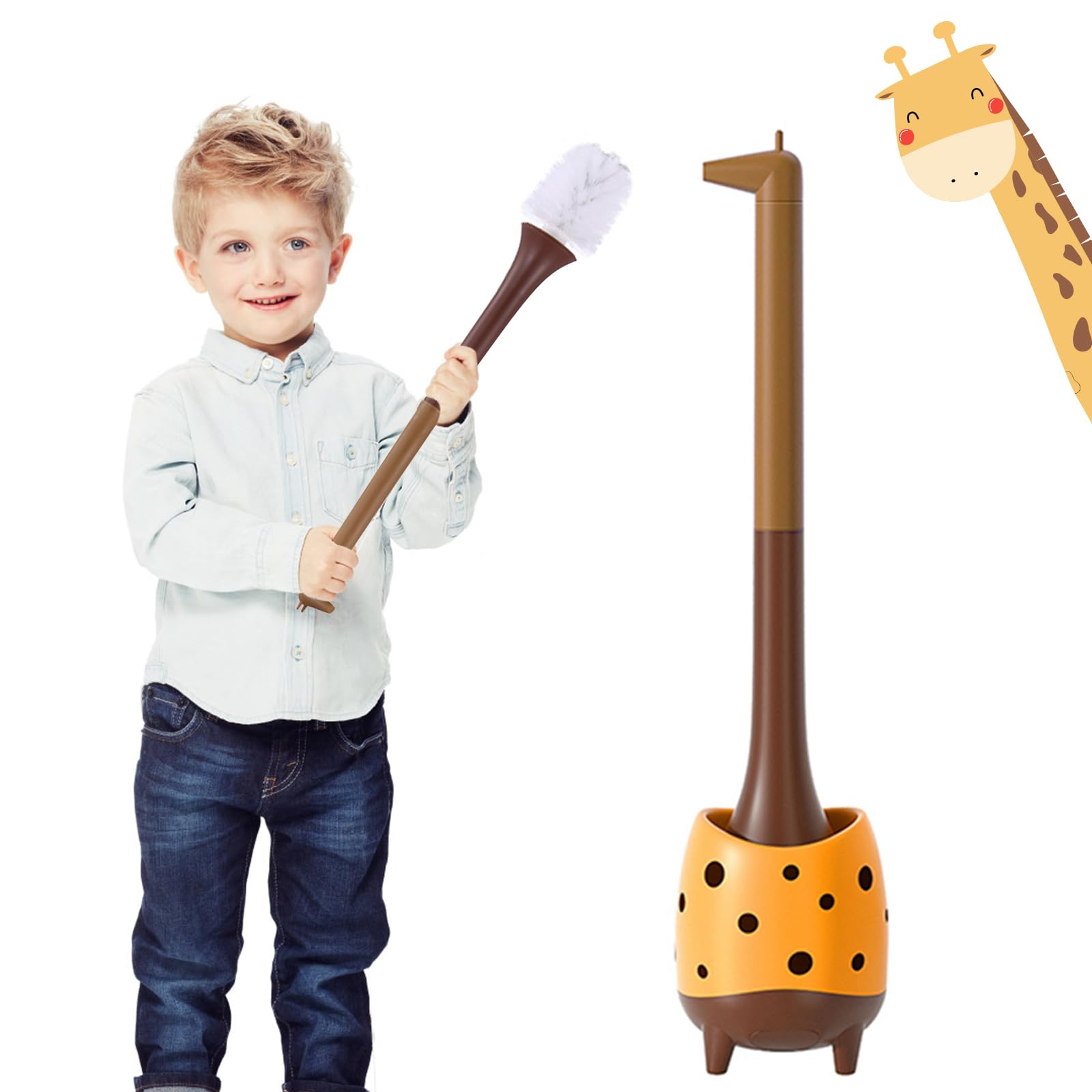 XXFLOWER Toilet Brush Giraffe Shape,Cute Shape Look, PP Bristles Round Brush, Compact Size Toilet Brushes Floor Standing, 1-Pack
