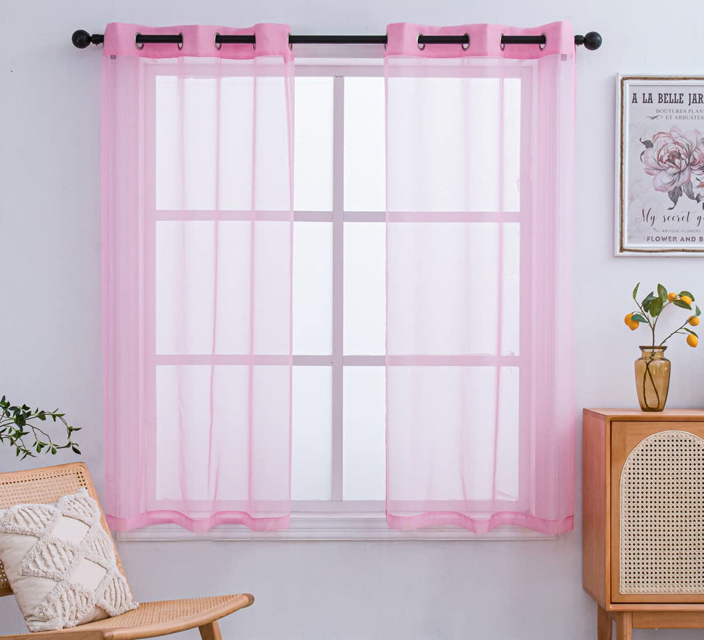 Pi Sheer Curtains 45 Inches Long With Grommet,Extra Short Sheer Window Treatment For Girls Room/Nursery 2 Panels (W52 X L45, Bright Pink)