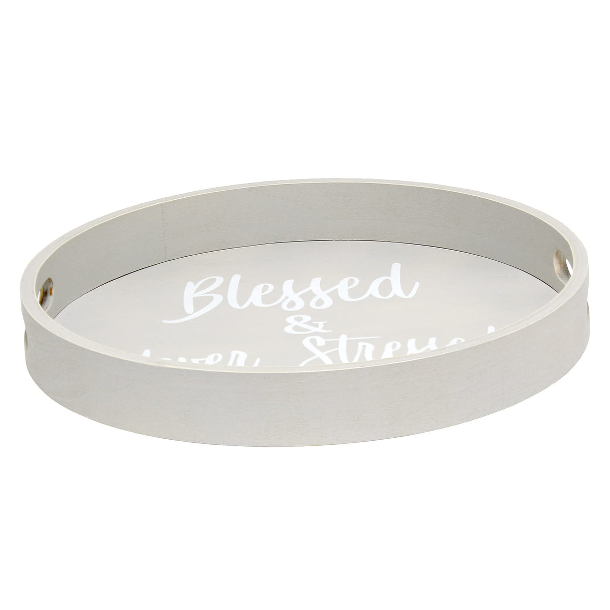 Elegant Designs Decorative 13.75'' Round Wood Serving Tray w/ Handles, ''Blessed & Never Stressed''