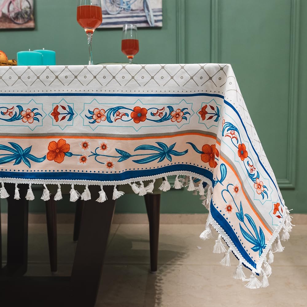 Urban Space 100% Cotton Dining Table Cover Square Table Cover, Printed Cotton Table Cloth For Center Table With Boho Tassels, 48