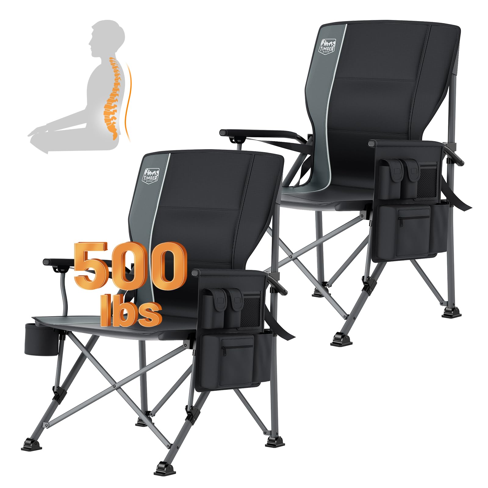 TIMBER RIDGE Oversized Folding Camping Chair with Lumbar Support Adjustable High Back Heavy Duty for Adults Aluminum Support up 