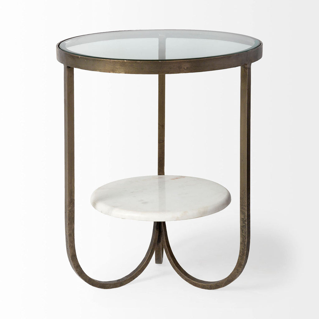 HomeRoots Antiqued Gold Glass; Metal Round Glass Top Metal Side Table with Marble Shelf on Bottom